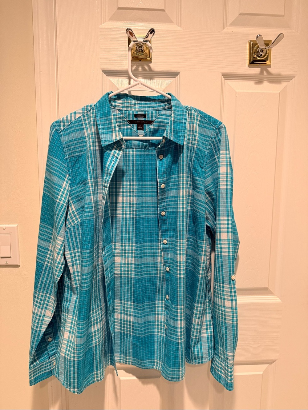 Tommy Hilfiger Teal and White Plaid Button-Down Shirt